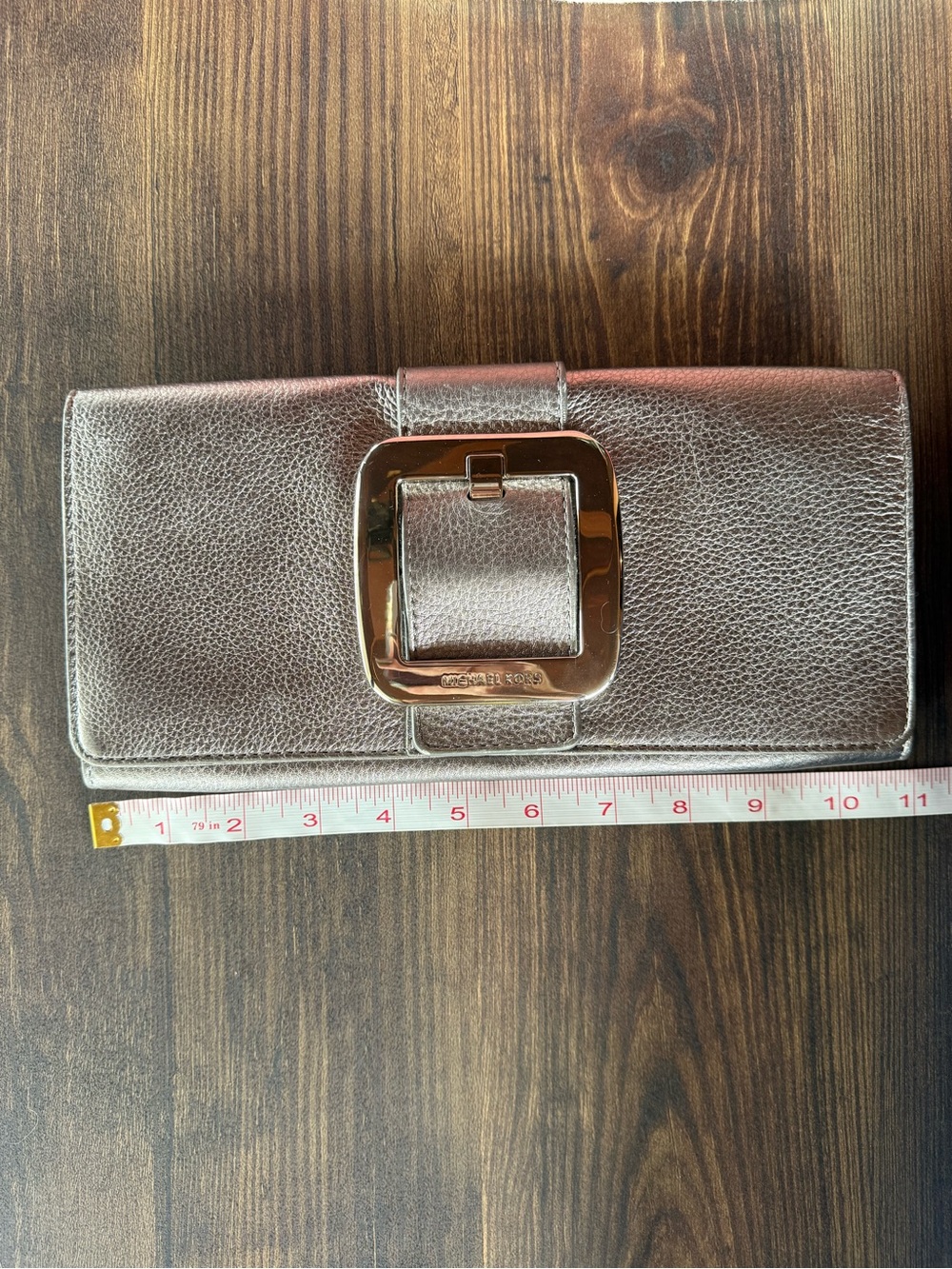 Michael Kors Metallic Pewter Leather Clutch with Buckle